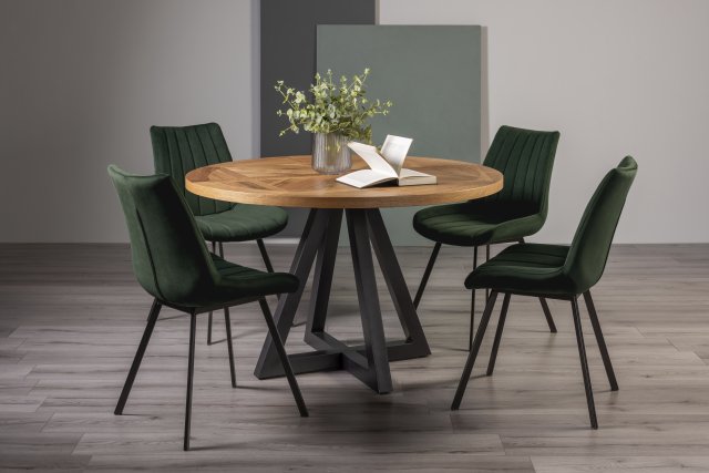 Signature Collection Indus Rustic Oak 4 Seater Dining Table with Peppercorn Legs & 4 Fontana Green Velvet Fabric Chairs with Grey Hand Brushing on Black Powder Coated Legs