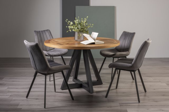 Signature Collection Indus Rustic Oak 4 Seater Dining Table with Peppercorn Legs & 4 Fontana Grey Velvet Fabric Chairs with Grey Hand Brushing on Black Powder Coated Legs