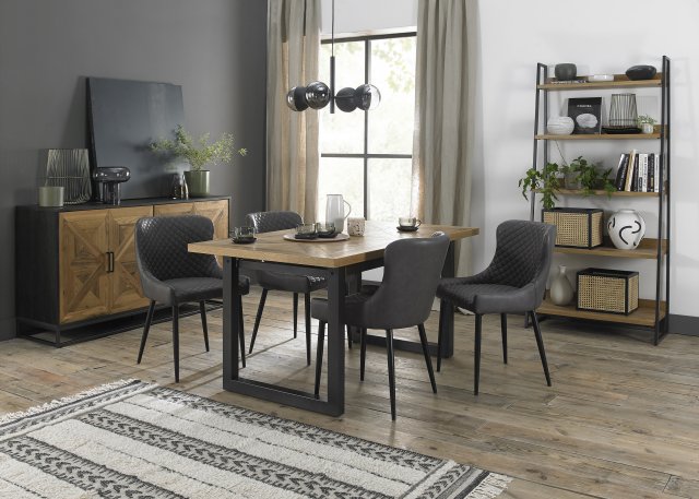 Signature Collection Indus Rustic Oak 4-6 Seater Table & 4 Cezanne Dark Grey Faux Leather Chairs - Black Legs