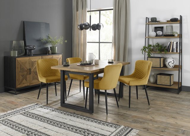 Signature Collection Indus Rustic Oak 4-6 Seater Dining Table with Peppercorn Legs & 4 Cezanne Mustard Velvet Fabric Chairs with Sand Black Powder Coated Legs