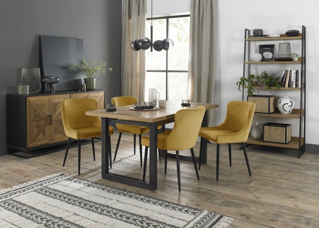 Signature Collection Indus Rustic Oak 4-6 Seater Table & 4 Cezanne Mustard Velvet Chairs - Black Legs