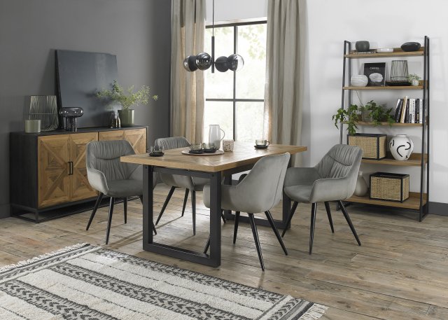 Signature Collection Indus Rustic Oak 4-6 Seater Dining Table with Peppercorn Legs & 4 Dali Grey Velvet Fabric Chairs with Sand Black Powder Coated Legs