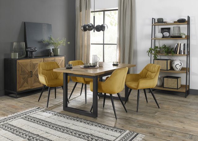 Signature Collection Indus Rustic Oak 4-6 Seater Dining Table with Peppercorn Legs & 4 Dali Mustard Velvet Fabric Chairs with Sand Black Powder Coated Legs