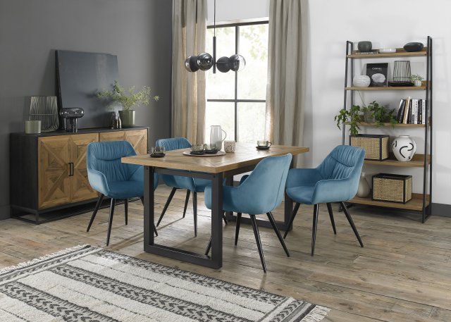 Signature Collection Indus Rustic Oak 4-6 Seater Dining Table with Peppercorn Legs & 4 Dali Petrol Blue Velvet Fabric Chairs with Sand Black Powder Coated Legs