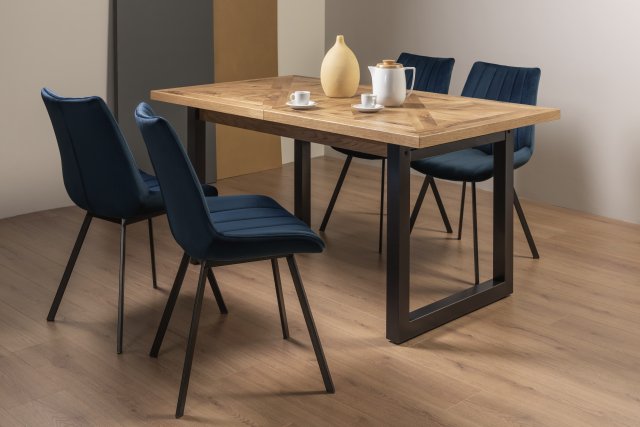 Signature Collection Indus Rustic Oak 4-6 Seater Table & 4 Fontana Blue Velvet Chairs