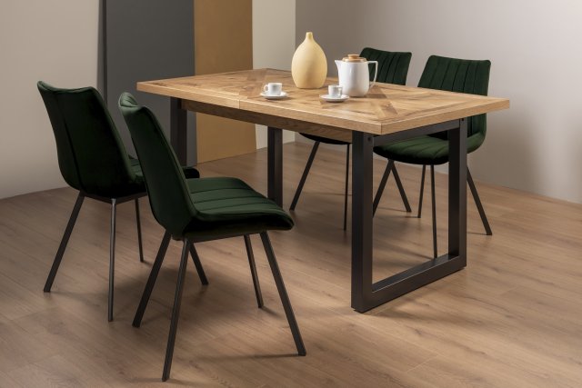 Signature Collection Indus Rustic Oak 4-6 Seater Dining Table with Peppercorn Legs & 4 Fontana Green Velvet Fabric Chairs with Grey Hand Brushing on Black Powder Coated Legs