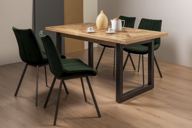 Signature Collection Indus Rustic Oak 4-6 Seater Table & 4 Fontana Green Velvet Chairs