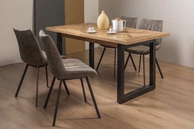 Signature Collection Indus Rustic Oak 4-6 Seater Dining Table with Peppercorn Legs & 4 Fontana Tan Faux Suede Fabric Chairs with Grey Hand Brushing on Black Powder Coated Legs