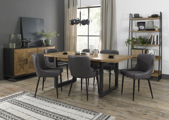 Signature Collection Indus Rustic Oak 6-8 Seater Table & 6 Cezanne Dark Grey Faux Leather Chairs - Black Legs