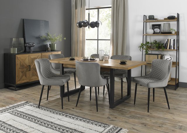 Signature Collection Indus Rustic Oak 6-8 Seater Dining Table with Peppercorn Legs & 6 Cezanne Grey Velvet Fabric Chairs with Sand Black Powder Coated Legs