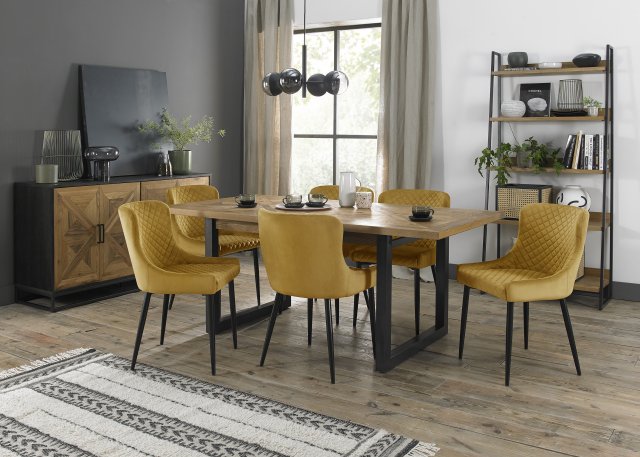 Signature Collection Indus Rustic Oak 6-8 Seater Dining Table with Peppercorn Legs & 6 Cezanne Mustard Velvet Fabric Chairs with Sand Black Powder Coated Legs
