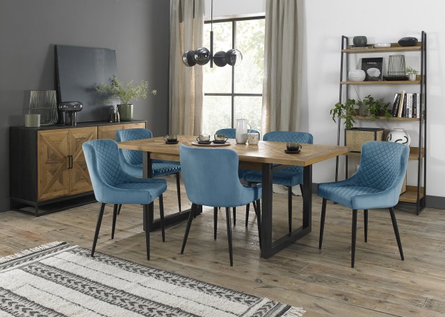 Signature Collection Indus Rustic Oak 6-8 Seater Dining Table with Peppercorn Legs & 6 Cezanne Petrol Blue Velvet Fabric Chairs with Sand Black Powder Coated Legs