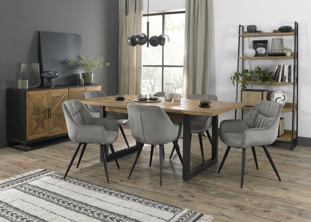 Signature Collection Indus Rustic Oak 6-8 Seater Dining Table with Peppercorn Legs & 6 Dali Grey Velvet Fabric Chairs with Sand Black Powder Coated Legs