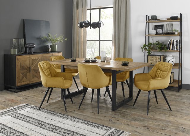 Signature Collection Indus Rustic Oak 6-8 Seater Dining Table with Peppercorn Legs & 6 Dali Mustard Velvet Fabric Chairs with Sand Black Powder Coated Legs