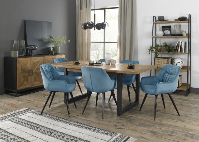Signature Collection Indus Rustic Oak 6-8 Seater Dining Table with Peppercorn Legs & 6 Dali Petrol Blue Velvet Fabric Chairs with Sand Black Powder Coated Legs