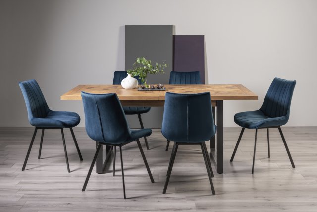 Signature Collection Indus Rustic Oak 6-8 Seater Table & 6 Fontana Blue Velvet Chairs