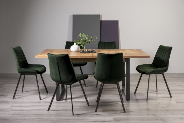 Signature Collection Indus Rustic Oak 6-8 Seater Dining Table with Peppercorn Legs & 6 Fontana Green Velvet Fabric Chairs with Grey Hand Brushing on Black Powder Coated Legs