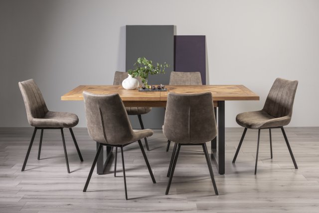 Signature Collection Indus Rustic Oak 6-8 Seater Dining Table with Peppercorn Legs & 6 Fontana Tan Faux Suede Fabric Chairs with Grey Hand Brushing on Black Powder Coated Legs