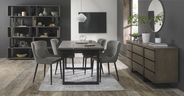 Signature Collection Tivoli Weathered Oak 4-6 Seater Dining Table with Peppercorn Legs  & 4 Cezanne Grey Velvet Fabric Chairs with Sand Black Powder Coated Legs