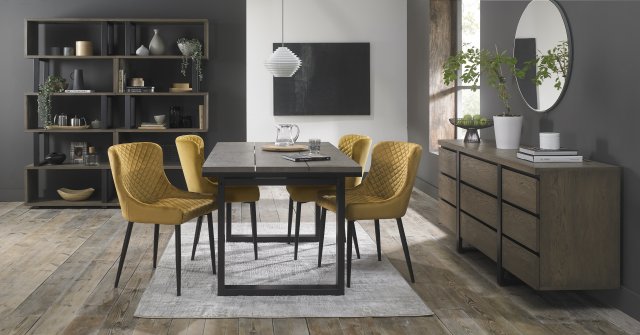 Signature Collection Tivoli Weathered Oak 4-6 Seater Dining Table with Peppercorn Legs  & 4 Cezanne Mustard Velvet Fabric Chairs with Sand Black Powder Coated Legs
