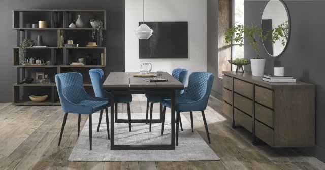 Signature Collection Tivoli Weathered Oak 4-6 Seater Dining Table with Peppercorn Legs  & 4 Cezanne Petrol Blue Velvet Fabric Chairs with Sand Black Powder Coated Legs
