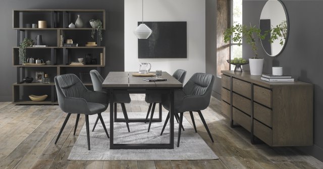 Signature Collection Tivoli Weathered Oak 4-6 Seater Dining Table with Peppercorn Legs  & 4 Dali Grey Velvet Fabric Chairs with Sand Black Powder Coated Legs