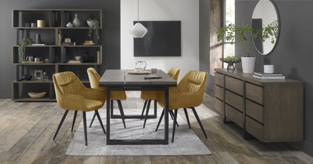 Signature Collection Tivoli Weathered Oak 4-6 Seater Dining Table with Peppercorn Legs  & 4 Dali Mustard Velvet Fabric Chairs with Sand Black Powder Coated Legs