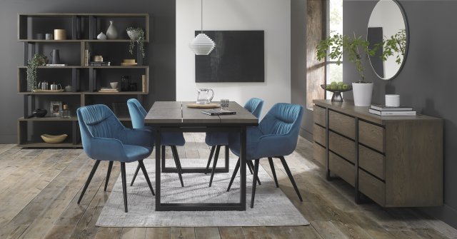 Signature Collection Tivoli Weathered Oak 4-6 Seater Dining Table with Peppercorn Legs  & 4 Dali Petrol Blue Velvet Fabric Chairs with Sand Black Powder Coated Legs