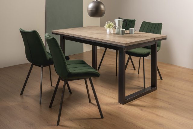 Signature Collection Tivoli Weathered Oak 4-6 Seater Dining Table with Peppercorn Legs  & 4 Fontana Green Velvet Fabric Chairs with Grey Hand Brushing on Black Powder Coated Legs