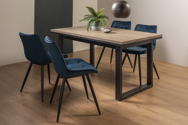 Signature Collection Tivoli Weathered Oak 4-6 Seater Dining Table with Peppercorn Legs  & 4 Seurat Blue Velvet Fabric Chairs with Sand Black Powder Coated Legs