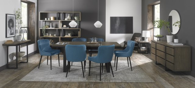 Signature Collection Tivoli Weathered Oak 6-8 Seater Table & 6 Cezanne Petrol Blue Velvet Chairs - Black Legs