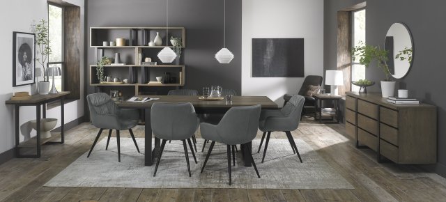 Signature Collection Tivoli Weathered Oak 6-8 Seater Dining Table with Peppercorn Legs  & 6 Dali Grey Velvet Fabric Chairs with Sand Black Powder Coated Legs