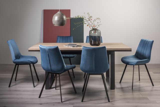 Signature Collection Tivoli Weathered Oak 6-8 Seater Dining Table with Peppercorn Legs  & 6 Fontana Blue Velvet Fabric Chairs with Grey Hand Brushing on Black Powder Coated Legs