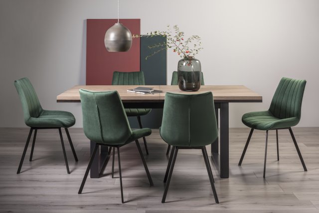 Signature Collection Tivoli Weathered Oak 6-8 Seater Dining Table with Peppercorn Legs  & 6 Fontana Green Velvet Fabric Chairs with Grey Hand Brushing on Black Powder Coated Legs