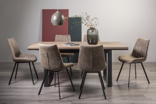 Signature Collection Tivoli Weathered Oak 6-8 Seater Dining Table with Peppercorn Legs  & 6 Fontana Tan Faux Suede Fabric Chairs with Grey Hand Brushing on Black Powder Coated Legs