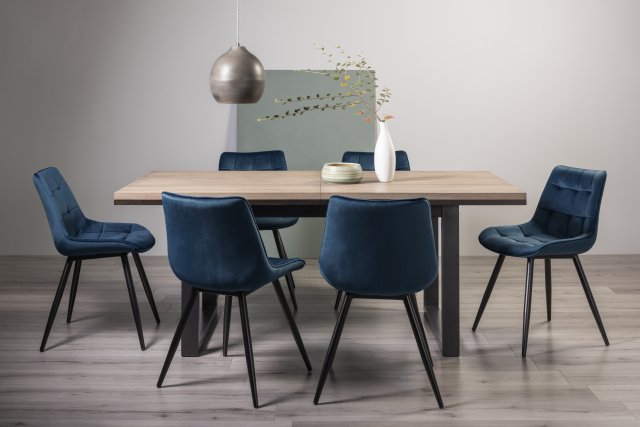 Signature Collection Tivoli Weathered Oak 6-8 Seater Dining Table with Peppercorn Legs  & 6 Seurat Blue Velvet Fabric Chairs with Sand Black Powder Coated Legs