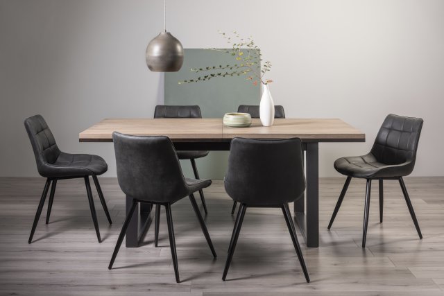 Signature Collection Tivoli Weathered Oak 6-8 Seater Dining Table with Peppercorn Legs  & 6 Seurat Dark Grey Faux Suede Fabric Chairs with Sand Black Powder Coated Legs