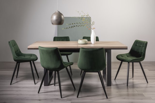 Signature Collection Tivoli Weathered Oak 6-8 Seater Dining Table with Peppercorn Legs  & 6 Seurat Green Velvet Fabric Chairs with Sand Black Powder Coated Legs