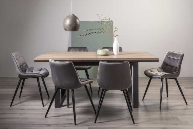 Signature Collection Tivoli Weathered Oak 6-8 Seater Dining Table with Peppercorn Legs  & 6 Seurat Grey Velvet Fabric Chairs with Sand Black Powder Coated Legs
