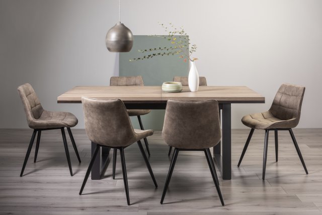 Signature Collection Tivoli Weathered Oak 6-8 Seater Dining Table with Peppercorn Legs  & 6 Seurat Tan Faux Suede Fabric Chairs with Sand Black Powder Coated Legs