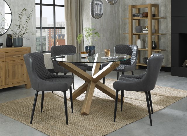 Premier Collection Turin Glass 4 Seater Table - Light Oak Legs & 4 Cezanne Dark Grey Faux Leather Chairs - Black Legs