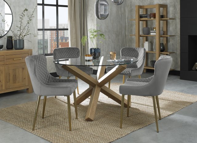 Premier Collection Turin Clear Tempered Glass 4 Seater Dining Table with Light Oak Legs & 4 Cezanne Grey Velvet Fabric Chairs with Matt Gold Plated Legs