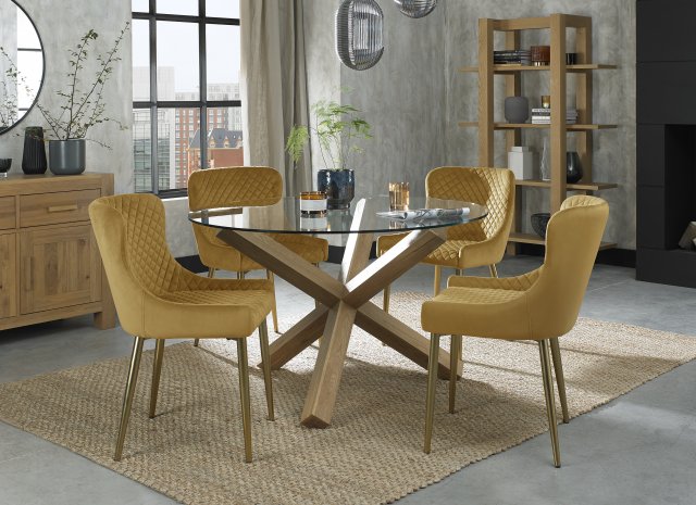Premier Collection Turin Clear Tempered Glass 4 Seater Dining Table with Light Oak Legs & 4 Cezanne Mustard Velvet Fabric Chairs with Matt Gold Plated Legs
