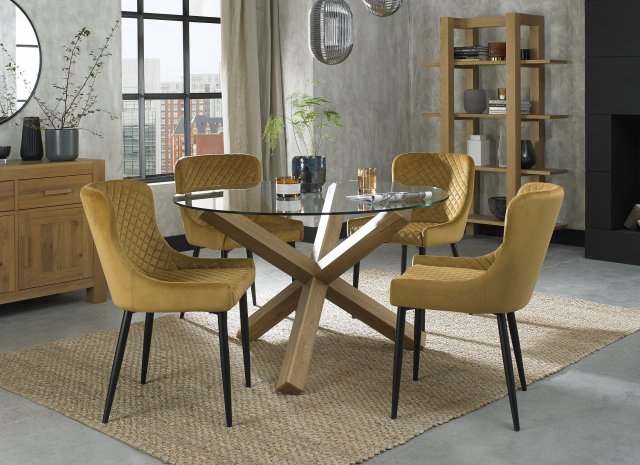 Premier Collection Turin Glass 4 Seater Table - Light Oak Legs & 4 Cezanne Mustard Velvet Chairs - Black Legs