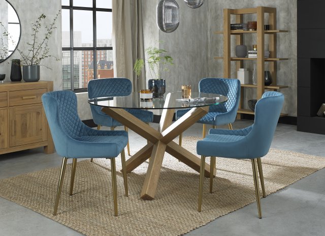 Turin Light Oak Cezanne Gold Round, Round Dining Table With Blue Velvet Chairs