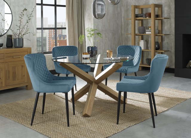 Premier Collection Turin Glass 4 Seater Table - Light Oak Legs & 4 Cezanne Petrol Blue Velvet Chairs - Black Legs