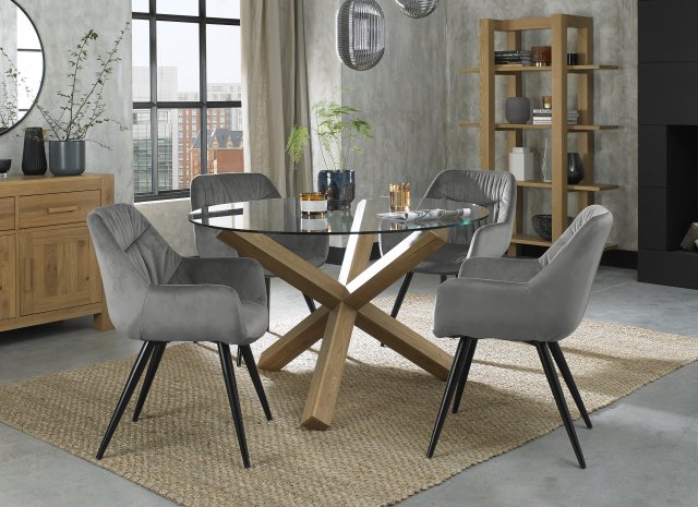 Turin Light Oak Dali Round Dining Set, Round Mirrored Glass Top Dining Table With 4 Chairs In Grey Velvet