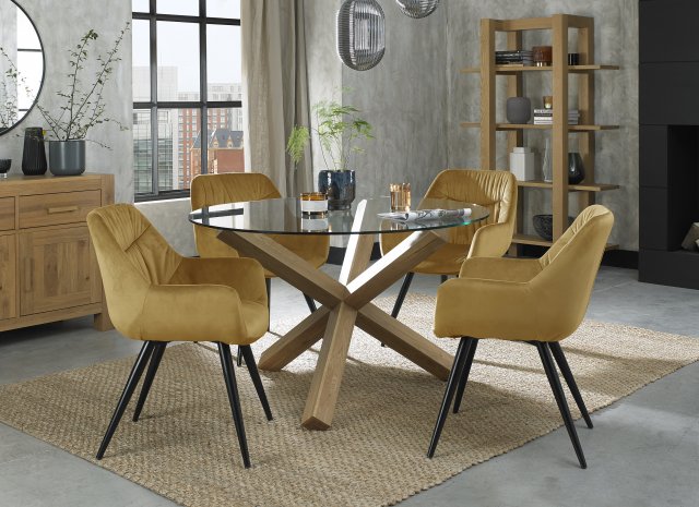 Premier Collection Turin Clear Tempered Glass 4 Seater Dining Table with Light Oak Legs & 4 Dali Mustard Velvet Fabric Chairs with Sand Black Powder Coated Legs