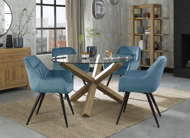Premier Collection Turin Glass 4 Seater Table - Light Oak Legs & 4 Dali Petrol Blue Velvet Chairs
