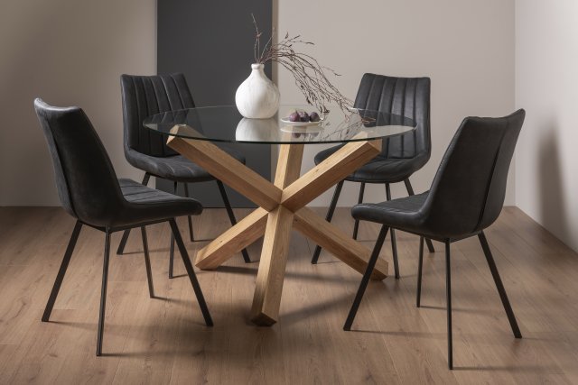 Premier Collection Turin Clear Tempered Glass 4 Seater Dining Table with Light Oak Legs & 4 Fontana Dark Grey Suede Fabric Chairs with Grey Hand Brushing on Black Powder Coated Legs